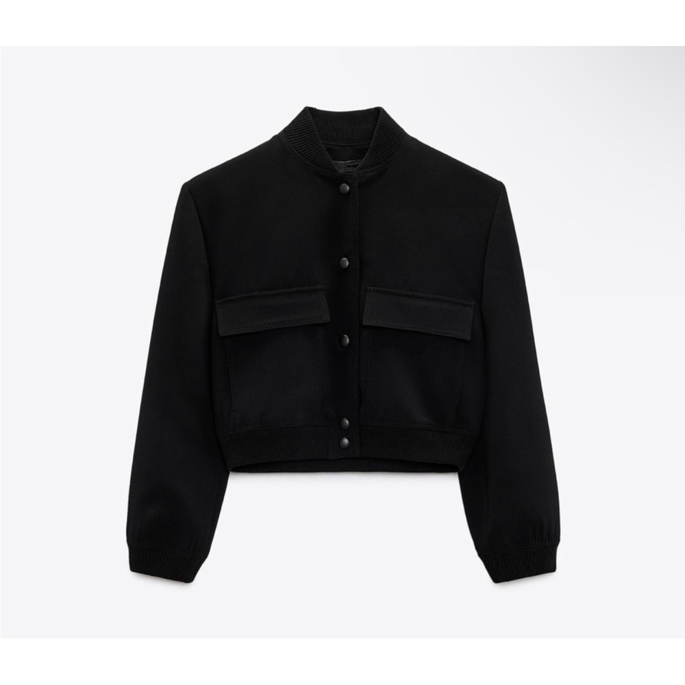 Zara Cropped Bomber Jacket Snap Button Black XS